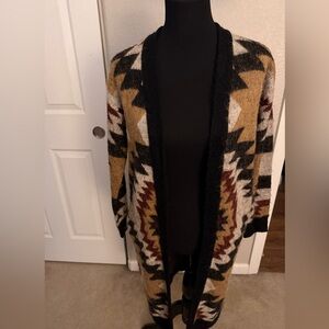 Forever 21 Black, Tan & Cream Aztec Open-Front Long Cardigan